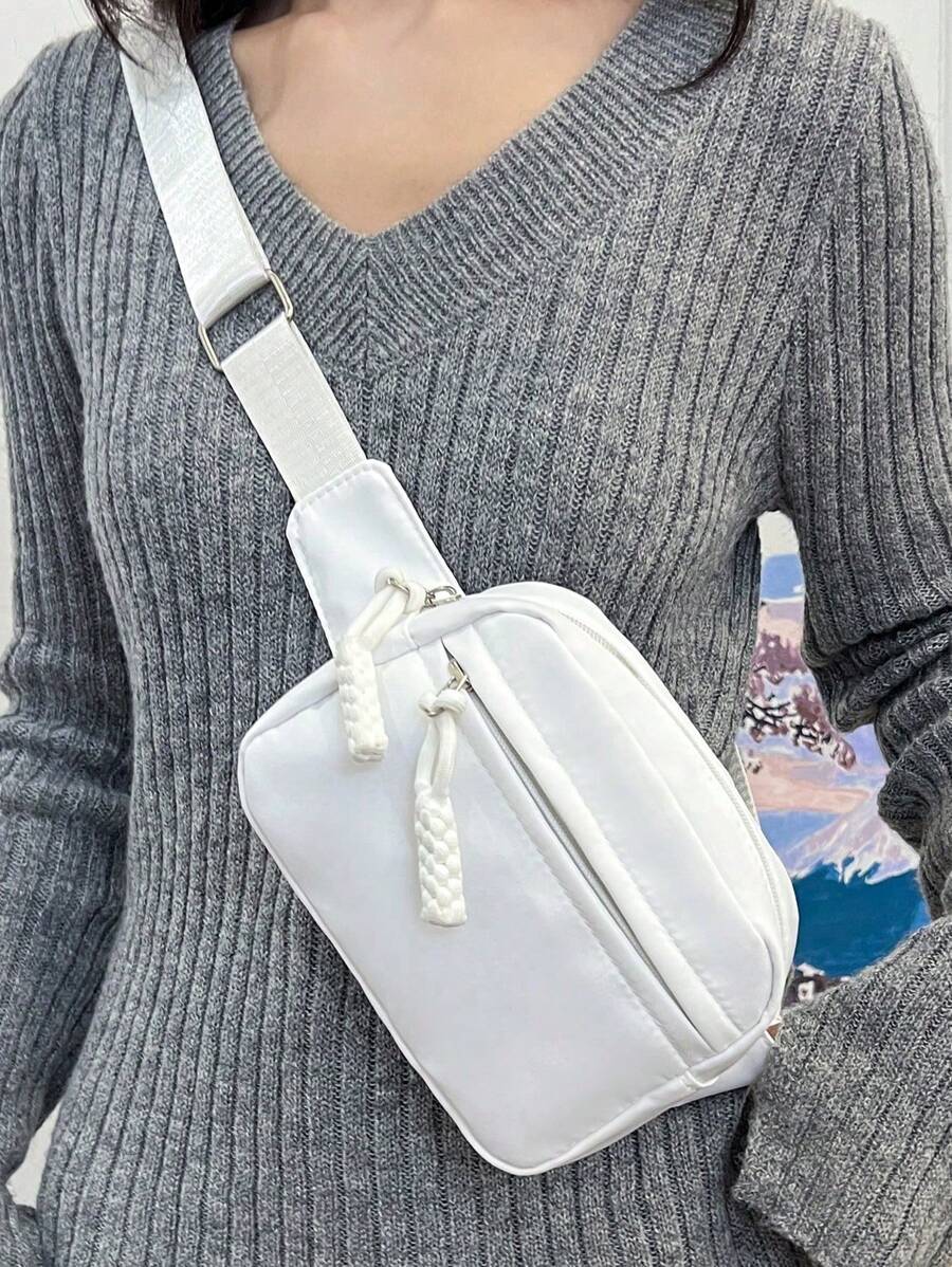 Tas Pinggang Minimalis Serbaguna dari Kain Nilon Warna Polos, Tas Dada Selempang Olahraga Lari, Tas Dada Mini Wanita Multifungsi dan Modis, Dompet Ponsel dan Koin, Aksesori dengan Resleting, Serbaguna untuk Perjalanan - Putih - View 1