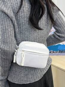 Tas Pinggang Minimalis Serbaguna dari Kain Nilon Warna Polos, Tas Dada Selempang Olahraga Lari, Tas Dada Mini Wanita Multifungsi dan Modis, Dompet Ponsel dan Koin, Aksesori dengan Resleting, Serbaguna untuk Perjalanan - Putih - View 4