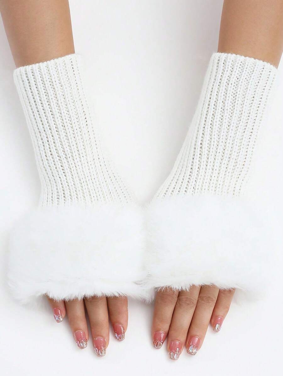 1 Pair Autumn/Winter Outdoor Warm Fashionable Faux Furry Cuff Striped Knitted Arm Warmers For Women