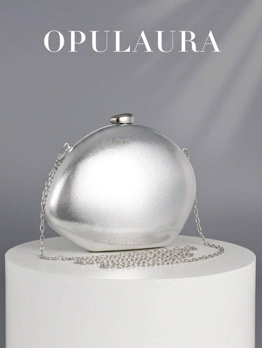 OpulAura 女士时尚几何迷你盒形手拿包，简约欧式风格，奢华派对手提包，适合派对/婚礼/正式场合，是生日/情人节的绝佳礼物，配有链条 - 銀色 - 查看 1