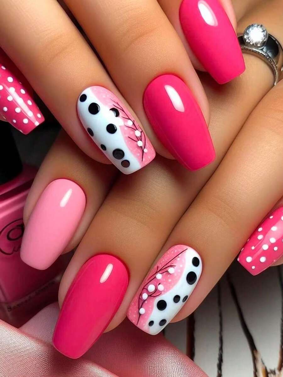 一盒 24 片中号方形指甲，粉色渐变和波尔卡圆点设计，带有珍珠和花卉装饰，按压式指甲套装，配有指甲锉和果冻胶，适合女士和女孩，展现甜美时尚的外观，非常适合日常佩戴和聚会美甲用品