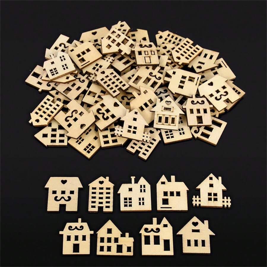 Natural Mini House Shaped Wood Pieces Christmas Wooden Ornaments Embellishment DIY Crafts New Year Xmas Party Decorations Navidad Noel Natal - Multicolor - View 1