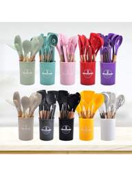 12/14Pcs/Set Wood Handle Non-Stick Silicone Kitchen Cooking Utensil Set, Heat Resistant Silicone Cookware With Storage Bucket