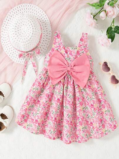 2pcs/Set Baby Girl Summer Ditsy Floral Dress & Bow Decor Sleeveless Princess Dress + Hat