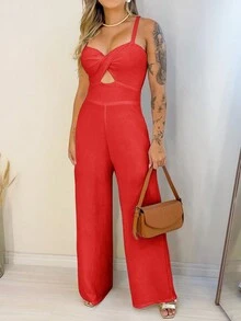 Vaiaye Women's Diamond Hollow Lace-Up Criss-Cross Backless Pleated Jumpsuit, Suitable For Christmas And Valentine's Day - Red - View 10