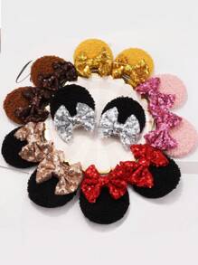 2pcs Shiny Plush Mouse Ear Hair Clips With Glittery Bow, Adorable Girl Hair Clips Suitable For Holiday Costumes And Parties - 1 to 2 - View 1