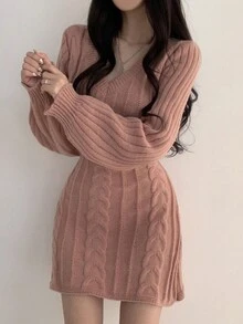 Vintage Elegant V-Neck Cable Knit Bodycon Hem Mini Skirt Sweater Dress, Autumn/Winter