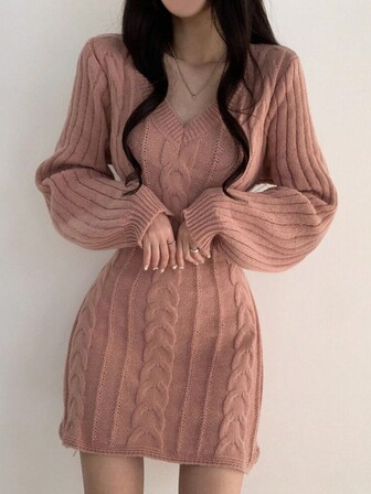 复古优雅 V 领针织紧身下摆迷你裙毛衣连衣裙，秋冬