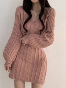 Vintage Elegant V-Neck Cable Knit Bodycon Hem Mini Skirt Sweater Dress, Autumn/Winter