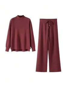 Autumn Winter Two Pieces Women Rib Sweater Tracksuit Knit Warm Pants Set - Burgundy - View 1