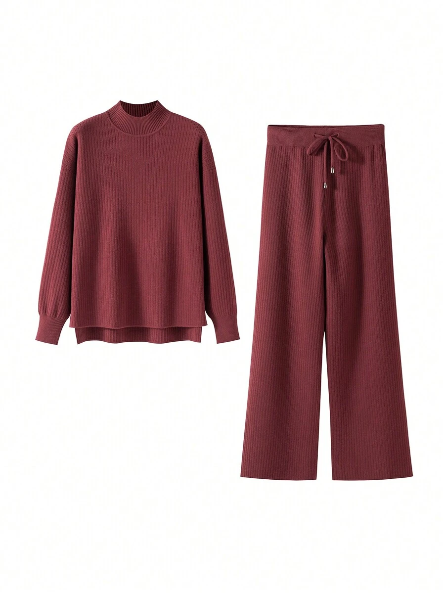 Autumn Winter Two Pieces Women Rib Sweater Tracksuit Knit Warm Pants Set - Burgundy - View 1