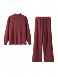 Autumn Winter Two Pieces Women Rib Sweater Tracksuit Knit Warm Pants Set - Burgundy - View 2