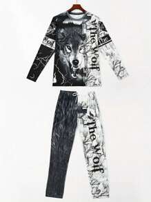 2pcs Men's Graphic Letter And Wolf Print Streetwear Sweatshirt And Drawstring Pants Set, Casual Outfit For Spring/Fall - Black and White - View 2