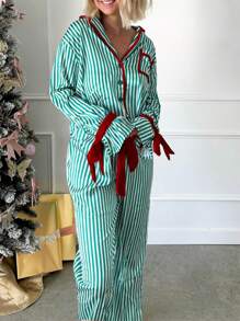 Womens Striped Christmas Pajama Set Satin Tie Up Knot Puff Long Sleeve Button-Up V-Neck Cropped Shirt + Drawstring Waist Long Pants 2 Piece Sleepwear Xmas Holiday Party Clothes Loungewear Outfit - 綠色 - 查看 2