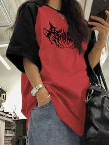 女士复古酷炫原宿哥特撞色闪电印花摇滚嘻哈朋克图案圆领插肩撞色短袖上衣T恤休闲夏季 - 紅色 - 查看 2