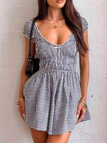 Womens V Neck Frill Shirred Romper Short Sleeve Wide Leg Flowy Playsuit Short Jumpsuit With Pockets - màu đen - Xem 3