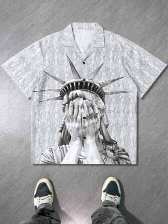 男士夏季短袖印花 Polo 领潮流女神图案衬衫