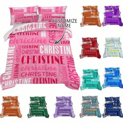 3pcs Name Custom Polyester Bed Cover Set (1* Bed Cover +2* Pillowcase, No Core), Multi-Color Printed Bedding Set, Soft And Comfortable, Suitable For Family Bedroom, Guest Room Use, Suitable For All Seasons