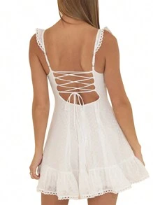 Women's Chiffon A-Line Dress - Dot Jacquard Print With Flutter Sleeves  V-Neck, Summer Party  Beach Dress - 白色 - 查看 5