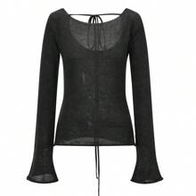 Women's Tie Back Sweaters Long Sleeve Boat Neck Solid Color Knit Pullover Casual Tops - 黑色 - 查看 2