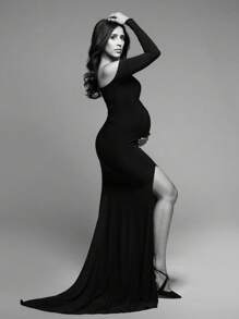 Umstandskleid mit V-Ausschnitt, Schlitz-Saum und Schleppe, Fotografie-Kleid für Schwangerschafts-Fotoshooting