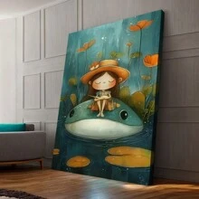 Charming Girl & Frog Canvas Art -  Wooden Wall Decor For Living Room, Bedroom - Vibrant Home Aesthetic, Perfect For Room Decor