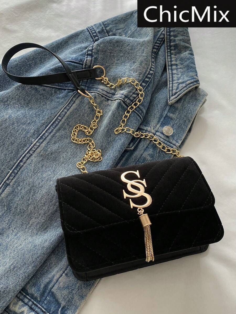 Mini Fashion Solid Color Simple Embroidery Thread Flip Cover Hardware Tassel Decoration Chain Shoulder Bag, Suitable For Shopping, Wallets, Shopping, Young Women, College Students, Newcomers, White-Collar Workers. They Are Very Suitable For Offices, Universities, Work, Business, Commuting, Outdoor Activities, Travel, And Outings