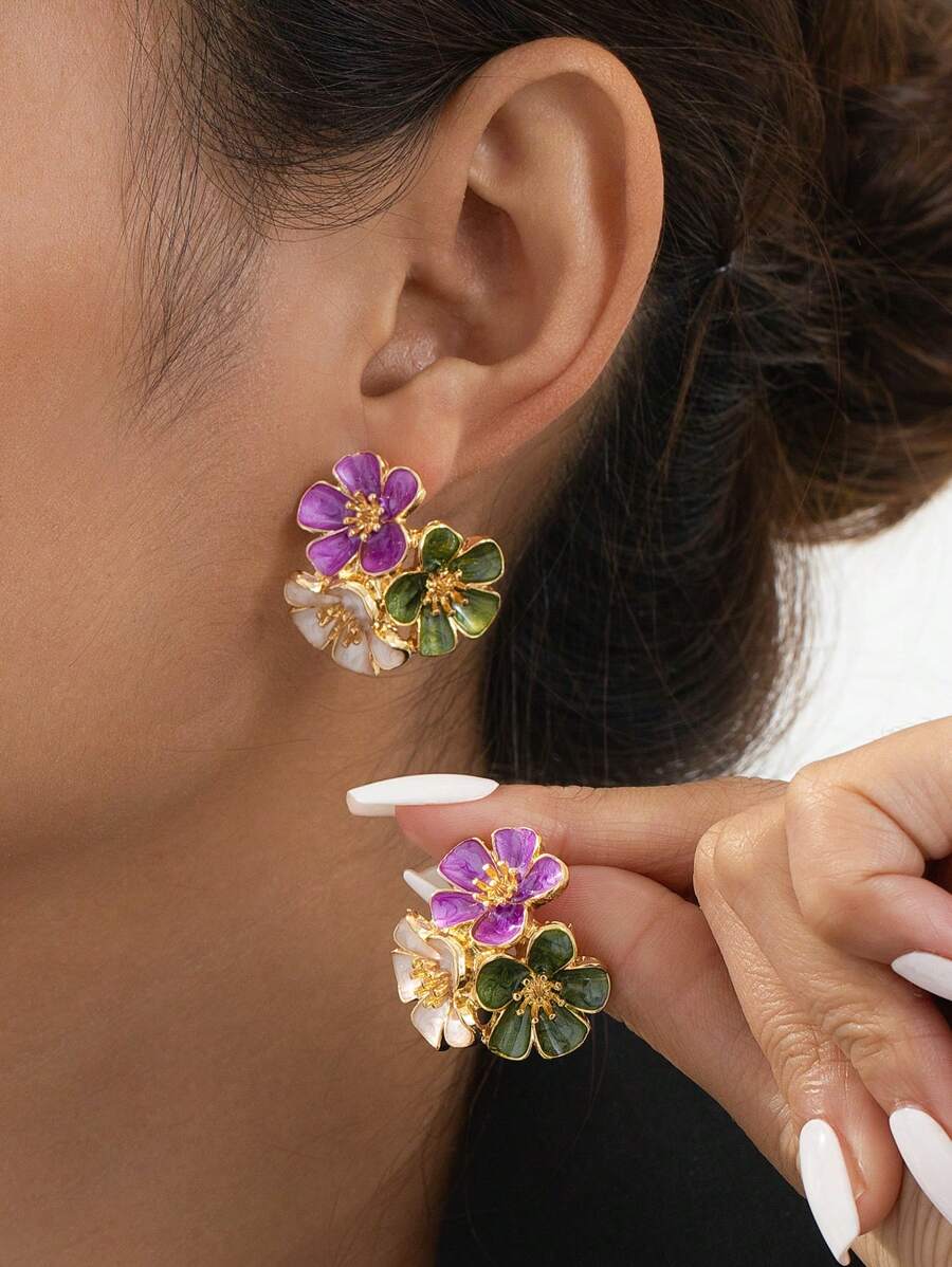 1 对彩色创意甜美花朵形状耳钉，优雅度假风格，情人节礼物 - 彩色的 - 查看 1