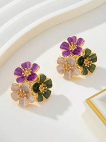 1 对彩色创意甜美花朵形状耳钉，优雅度假风格，情人节礼物 - 彩色的 - 查看 2
