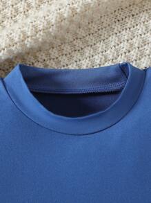 Capa base de cuello redondo de unicolor y cálida para niño pequeño, camiseta de manga larga versátil y esencial, uso diario para niños - Neblina azul - Ver 3