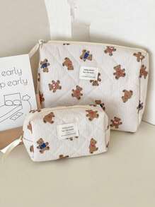 1Pc/Set Beige Striped With Cute Bear Lace Up Decorate Multi-Functional Storage Clutch With Zipper Closure For Cosmetics,Skin Care,Hand Cream,Lip Oil,Nail Polish,Mobile Phone,Headset,Sanitary Napkin,Coin,Small Items Elegant Ins Style Large Capacity Cosmetic Bag Portable Travel Makeup Bag Cosmetic Organizer Makeup Pouch Makeup Case Toiletry Bag Wallet Pouch Tampon Bag The Gift For Sister,Teacher And Friend Anniversary Gift Wedding Bridesmaid Gift Makeup Bags Makeup Organizer Make Up Organizer Makeup Storage Make Up Bag - Multicolor - View 8