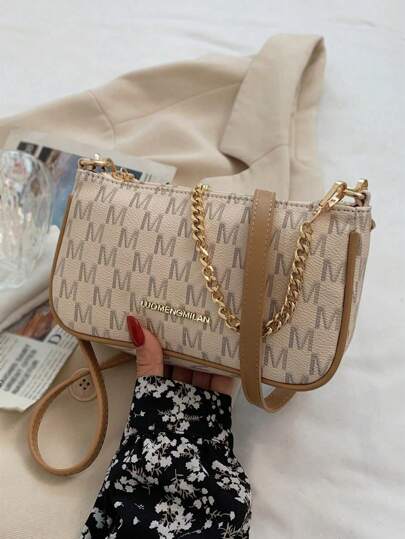 EMERY ROSE Axelväska i PU-kedja för kvinnor, M Letter Fashion underarmsväska, Crossbody Messenger-väska, Söt trendigt för arbete och shopping