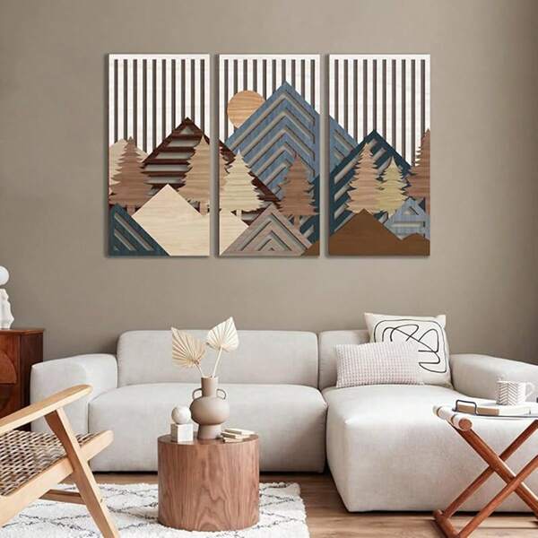 3 piezas Arte de pared abstracto moderno de montaña de madera de pino, decoración de pared geométrica del bosque de pinos de madera, decoración de pared de paisaje natural para dormitorio, sala de estar, comedor, porche, oficina