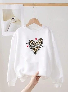 Tween Girls Casual Loose Fit Round Neck Sweatshirt With Letter, Heart & Leopard Print, Suitable For Autumn/Winter - White - View 3