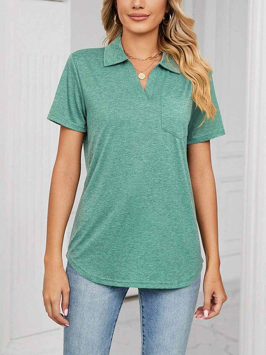 Women's V Neck Polo Shirts Collared Work Tops Summer Loose Short Sleeves Business Top With Pockets - 綠色 - 查看 1