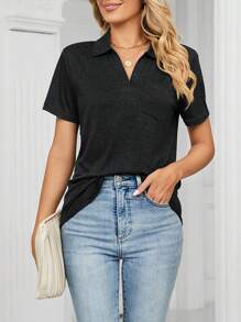 Women's V Neck Polo Shirts Collared Work Tops Summer Loose Short Sleeves Business Top With Pockets - màu đen - Xem 5