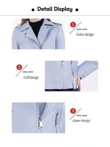 Women's Solid Color Long-Sleeved PU Leather Jacket With Pocket Zipper, Girly Feel - Denim Blue - View 5