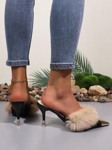 Women Faux Fur Mule Backless Pointed Toe Mid Heel Slip On Shoes - Black - View 6