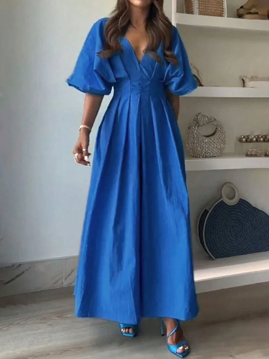 春夏女装休闲时尚纯色V领后背镂空空气感收腰百褶蝙蝠袖优雅中长款大码A字下摆连衣裙 - 藍色 - 查看 1