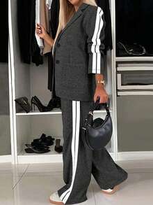 女士休闲时尚通勤轻运动风格侧条纹装饰长袖西装外套和裤子两件套西装套装 - 涤纶，可机洗，适合春秋季节。