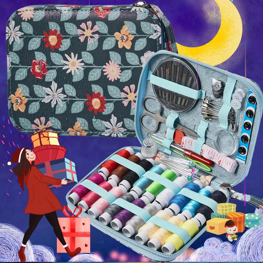 Kit de costura con patrón, 85 piezas de suministros de costura premium, set de manualidades navideñas con 18 carretes de hilo, mini kit de costura de viaje para viajeros, adultos, niños, principiantes, reparaciones de emergencia, DIY