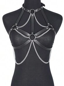 Women's Sexy Waist Belt, PU Leather Chain Tassel Chest Harness, Punk Style Accessory For Dating And Party Outfits