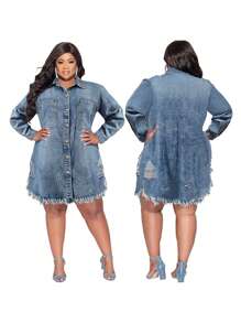 Women's Plus Size Fringe Ripped Denim Jacket Dress Blue - 藍色 - 查看 2