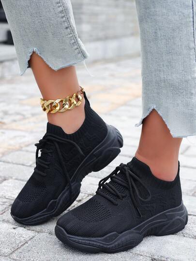 New Women Black British Style Lace-Up Fabric Sports Shoes, Round Toe Low-Top Thick Sole Skid-Resistant Breathable Chunky Sneakers Student Sneakers