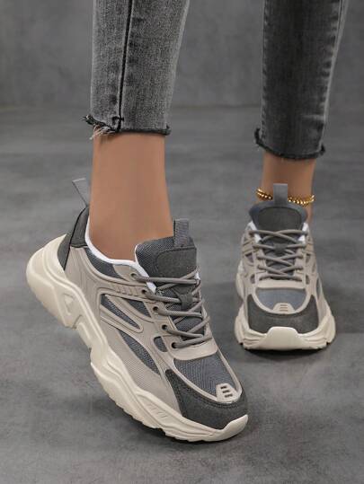 2025 Autumn Sporty Front Chunky Sneakers For Women,Colorblock Leather Lace-Up Shoes Women Boots Women Lightweight Breathable Sneakers Women Shoes Outdoor Sports Shoes For Women Running Shoes Comfortable Casual Shoes For Women