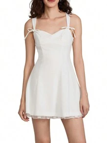 Women Y2k Corset Mini Dress Summer Sleeveless Bow Tie Strap Solid Color Skater Tank Dress Backless Ruffle A-Line Dress Graduation Dress Beach Club Party Dresses Streetwear Preppy Fairy Aesthetic Clothes - 白色 - 查看 4
