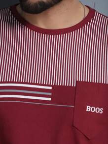 Men's Crew Neck T-Shirt With Pocket - 酒紅色 - 查看 4