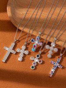 1pc Colar de cruz elegante e versátil, fé religiosa, zircônia cúbica, banhado a ouro, presente de aniversário para amigos