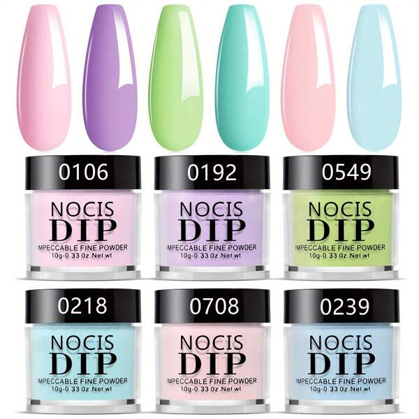 Ensemble de poudre trempée NOCIS, 6 couleurs rose, jaune, violet, vert, bleu pour le printemps et l'été. Ensemble de poudre trempée pour manucure Nail Art DIY salon à domicile, Cadeau pour femmes, sans besoin de lampe à ongles