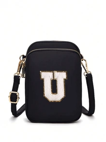 A Crossbody Bag That Can Be Customized With Your Own Name, Lucky Number, Letter, And Text, With 26 Letter Patches For Diy, A Bag That Is Classic And Versatile, With A Three-Layer Zipper Design That Can Hold Mobile Phones, Coins, Etc., Pc Casual Fashion Crossbody Walking Bag With Mobile Phone Cloth Bag Vertical Coin Purse Suitable For Girls, Travel, Back To School, Gifts Back To School Winter Gift Ideas Boy Girl Valentine's Day - Black Three-layer Gold Zipper + 5.5 White Letters - View 23